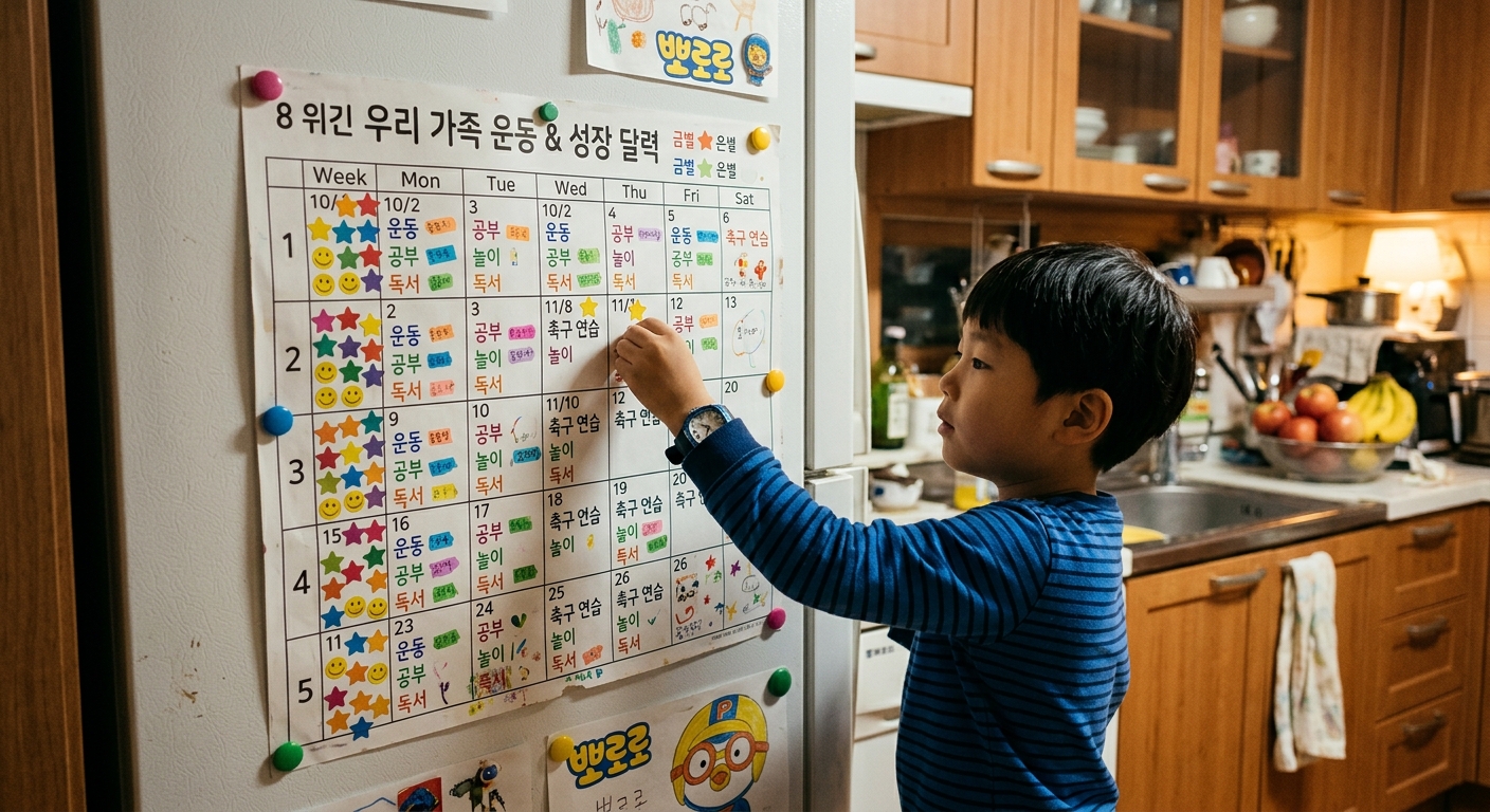 8주 훈련 달력에 별 스티커를 붙이는 한국인 아이 손