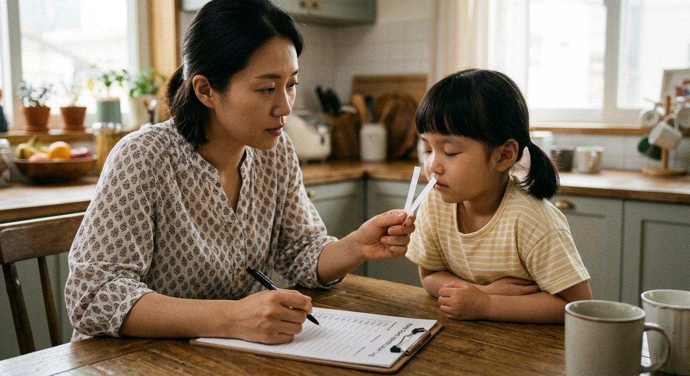 향기 스트립으로 아이 반응을 체크하는 한국인 엄마