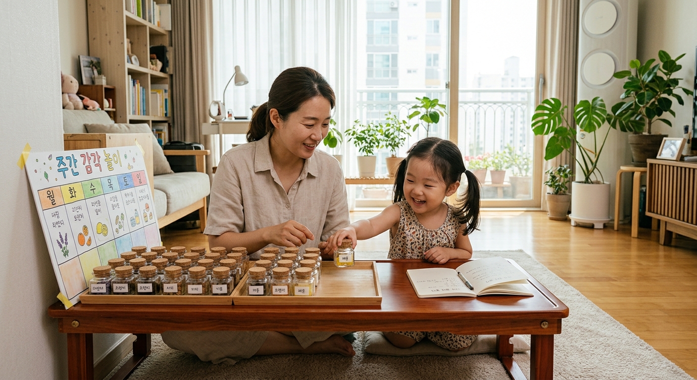 후각 훈련 도구와 주간 계획표를 앞에 놓은 한국인 엄마와 아이