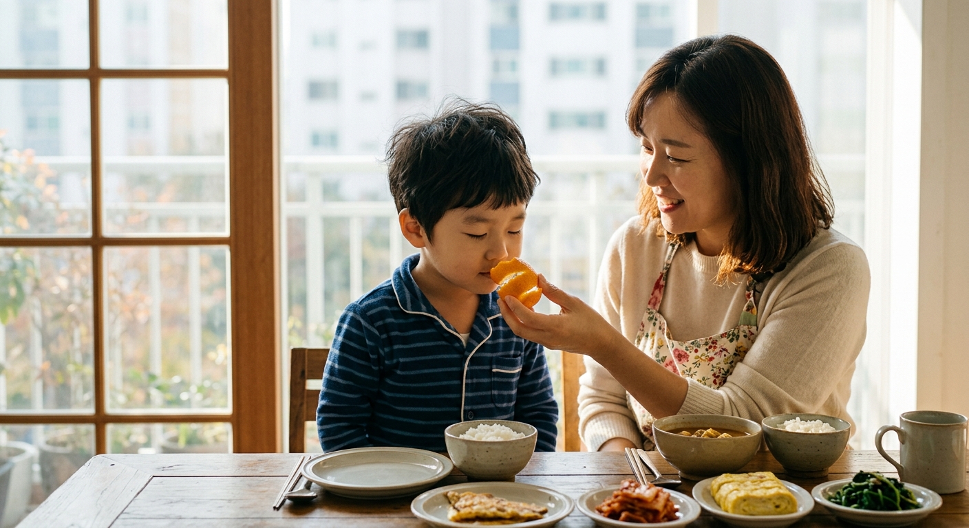 오렌지 껍질 냄새를 맡는 한국인 아이와 엄마