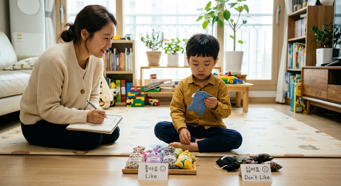 향기 주머니를 좋아하는 것과 싫어하는 것으로 분류하는 한국인 아이