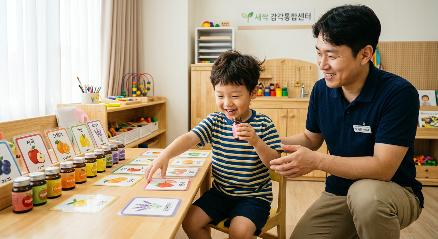 향기 매칭 게임을 하는 활발한 한국인 아이와 치료사