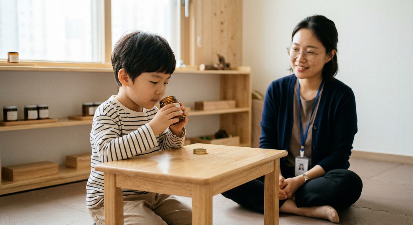 차분하게 향기병 하나를 탐색하는 한국인 아이와 치료사