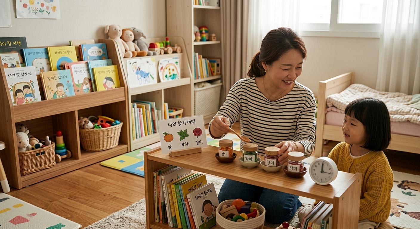 아이 방에 향기 스테이션을 세팅하는 한국인 엄마