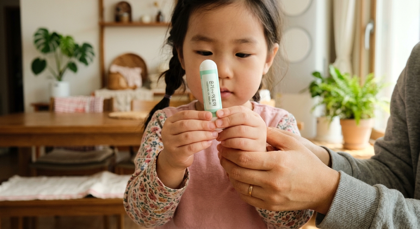 개인 아로마 인헤일러를 들고 있는 한국인 아이 손