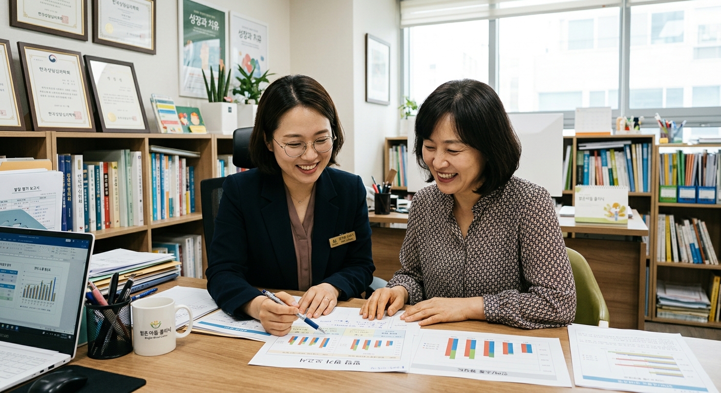 치료사와 함께 진전 보고서를 확인하는 한국인 엄마