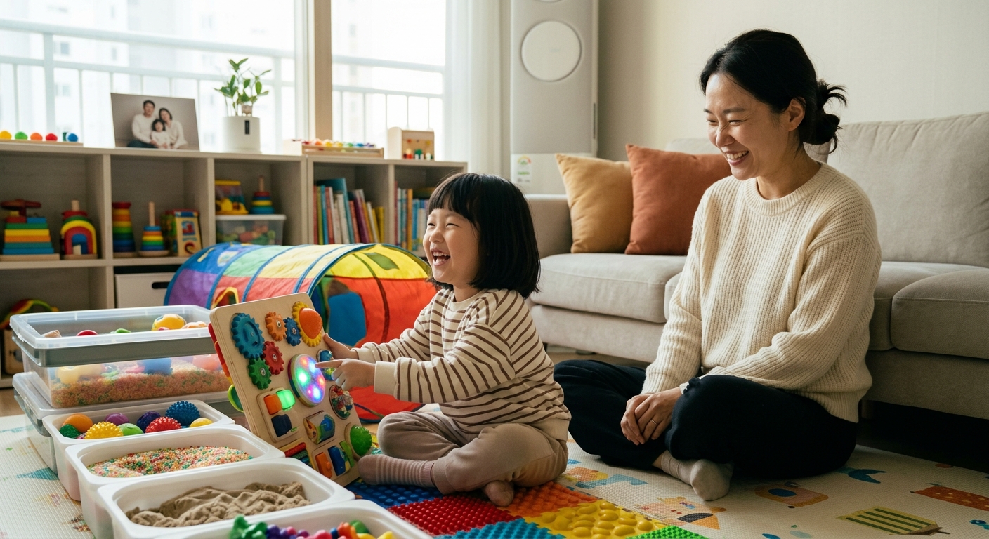 활발하게 놀이하는 한국인 아이와 기뻐하는 엄마