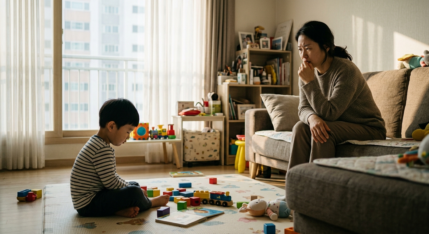 놀이에 무관심한 한국인 아이를 걱정하는 엄마