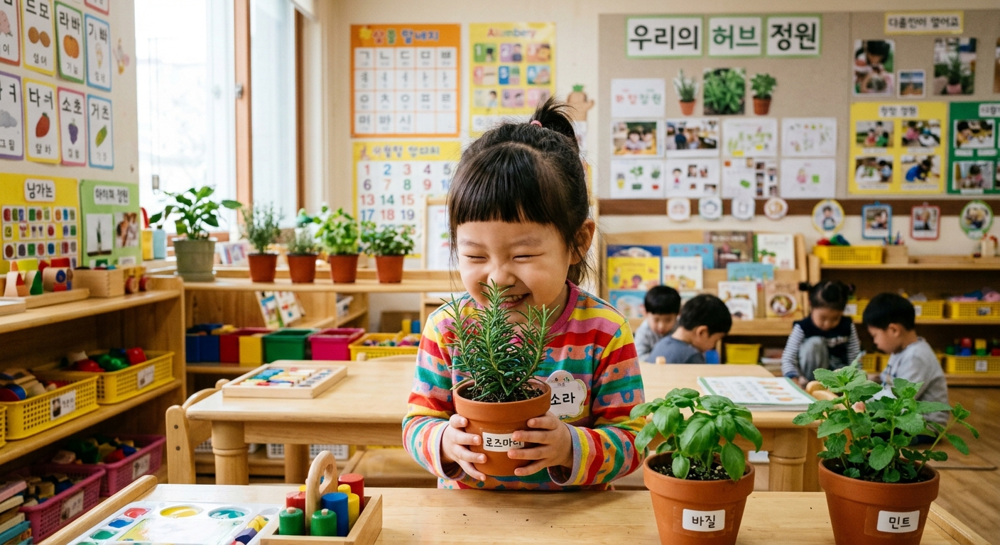 허브 화분 냄새를 맡으며 기뻐하는 한국인 아이