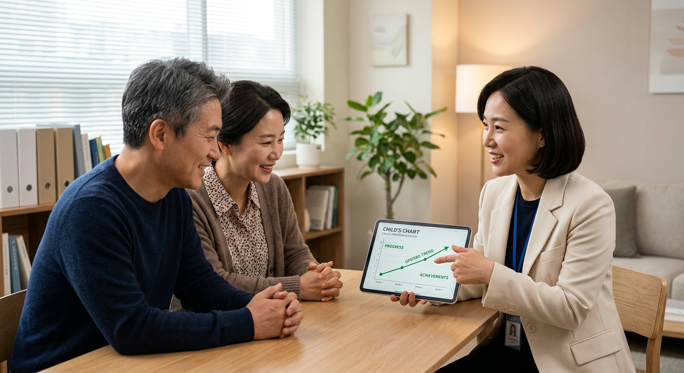 진전 그래프를 보여주며 상담하는 한국인 치료사