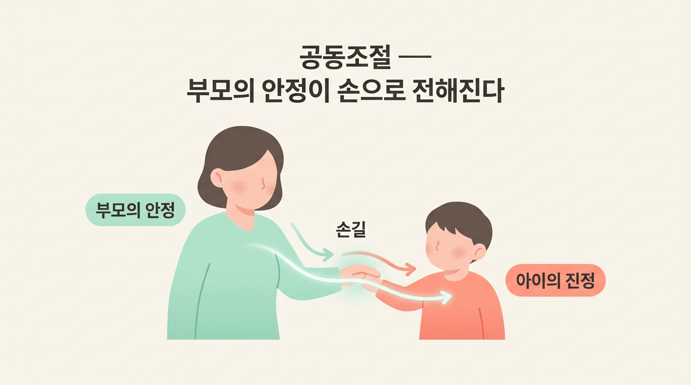소마틱 핸즈온이 부드러운 손길을 통해 부모의 안정된 신경계를 아이에게 전달하는 공동조절 원리를 한글 라벨로 표현한 다이어그램