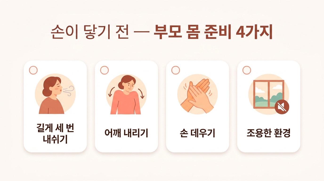 소마틱 핸즈온 전 부모가 호흡 어깨 손 데우기 환경 마음 네 가지를 준비하는 순서를 보여주는 체크 인포그래픽