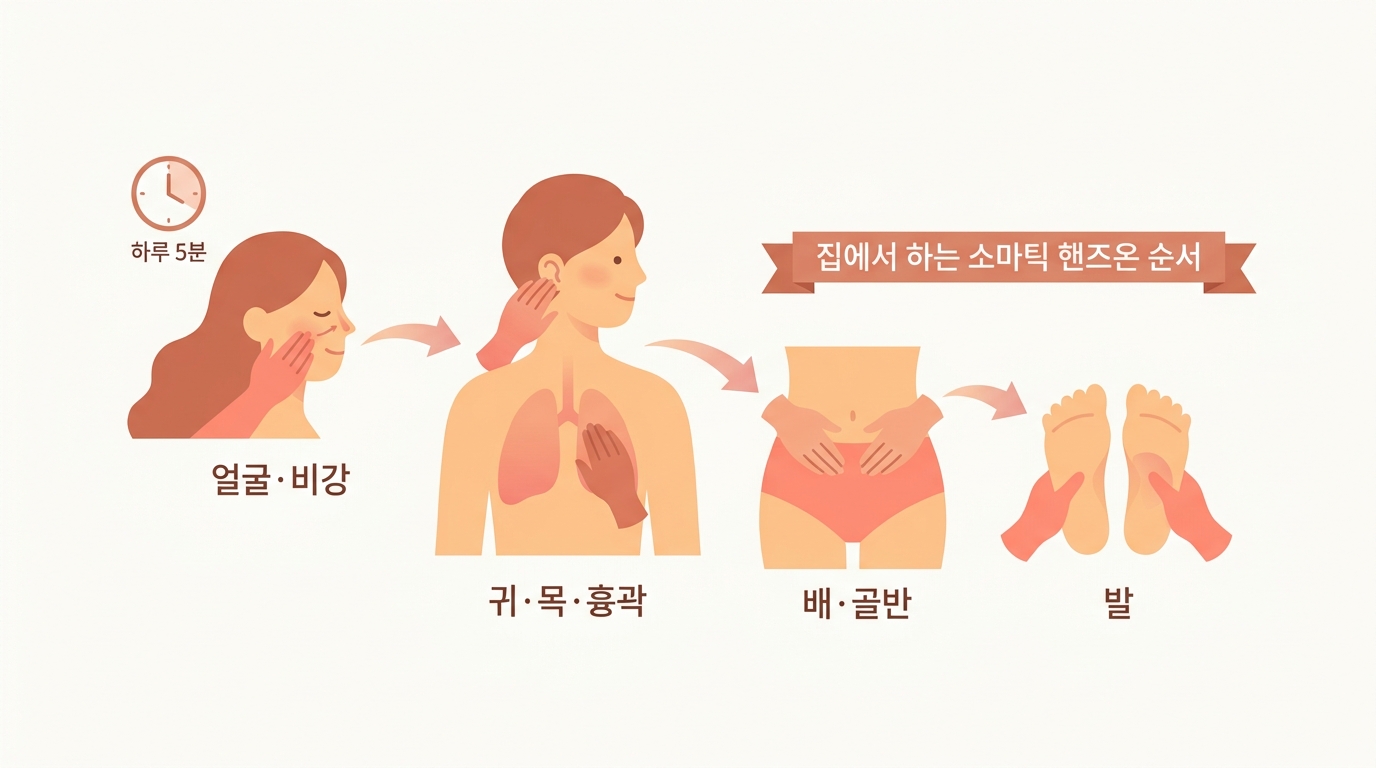 집에서 하는 소마틱 핸즈온 — 만지기 전 10초부터 부위별 순서까지