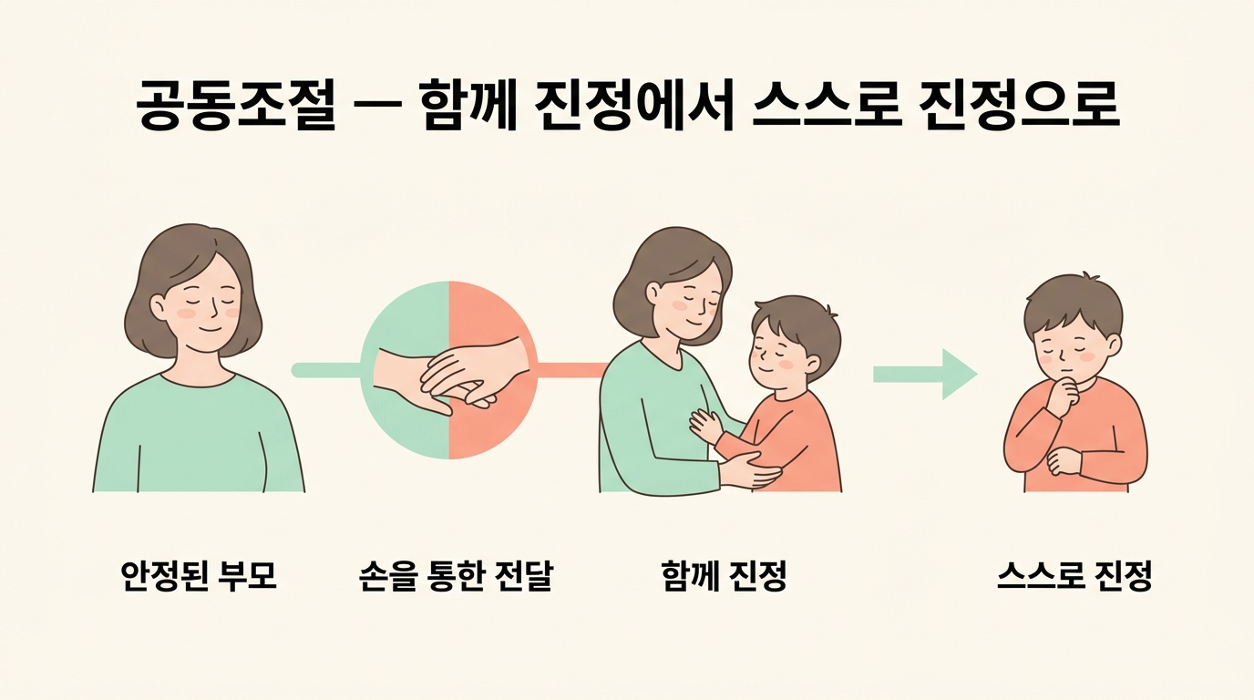 부모의 안정된 신경계가 손을 통해 아이에게 전달되어 함께 진정한 뒤 아이의 자기조절로 이어지는 공동조절 경로 인포그래픽