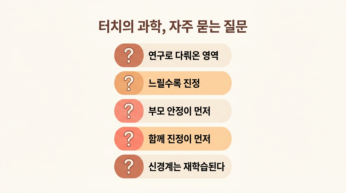 터치의 과학적 근거 속도 공동조절 자기조절 신경 가소성에 대한 부모 자주 묻는 질문 5가지 답변 카드형 인포그래픽
