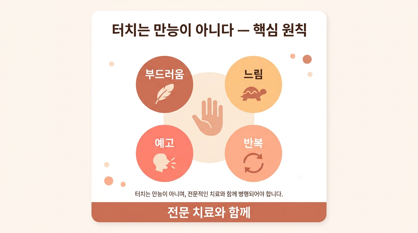 터치는 만능이 아니며 부드러움 느림 예고 반복 원칙과 전문 치료 병행이 필요하다는 주의 사항을 정리한 한 컷 요약 인포그래픽