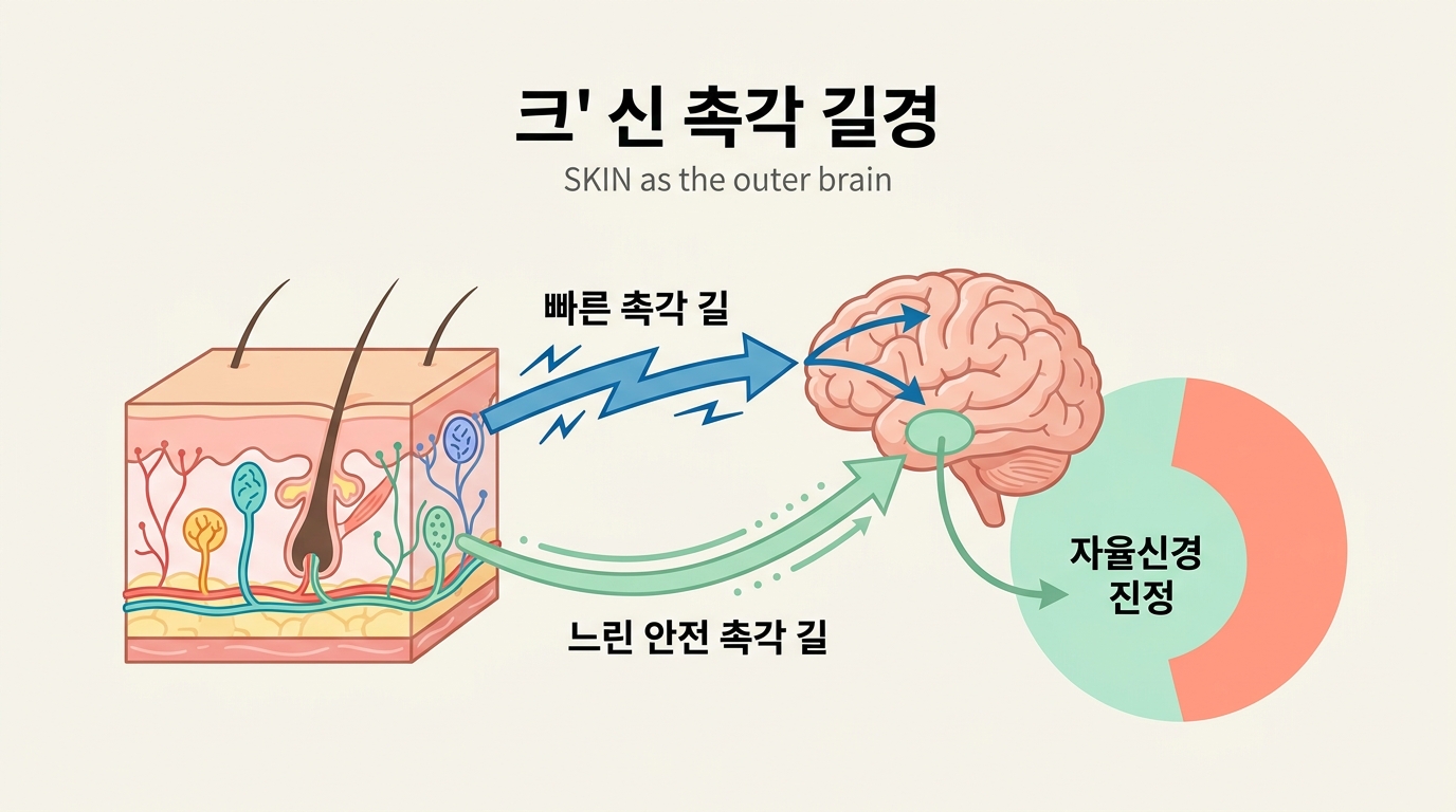 피부의 빠른 촉각 길과 느린 안전 촉각 길이 자율신경계로 연결되는 경로를 한글 라벨로 표시한 교육용 해부 다이어그램