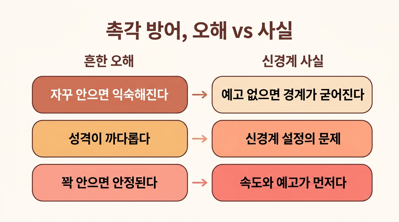 촉각 방어에 대한 흔한 오해 5가지와 신경계 사실을 좌우로 비교한 일러스트 분할 인포그래픽