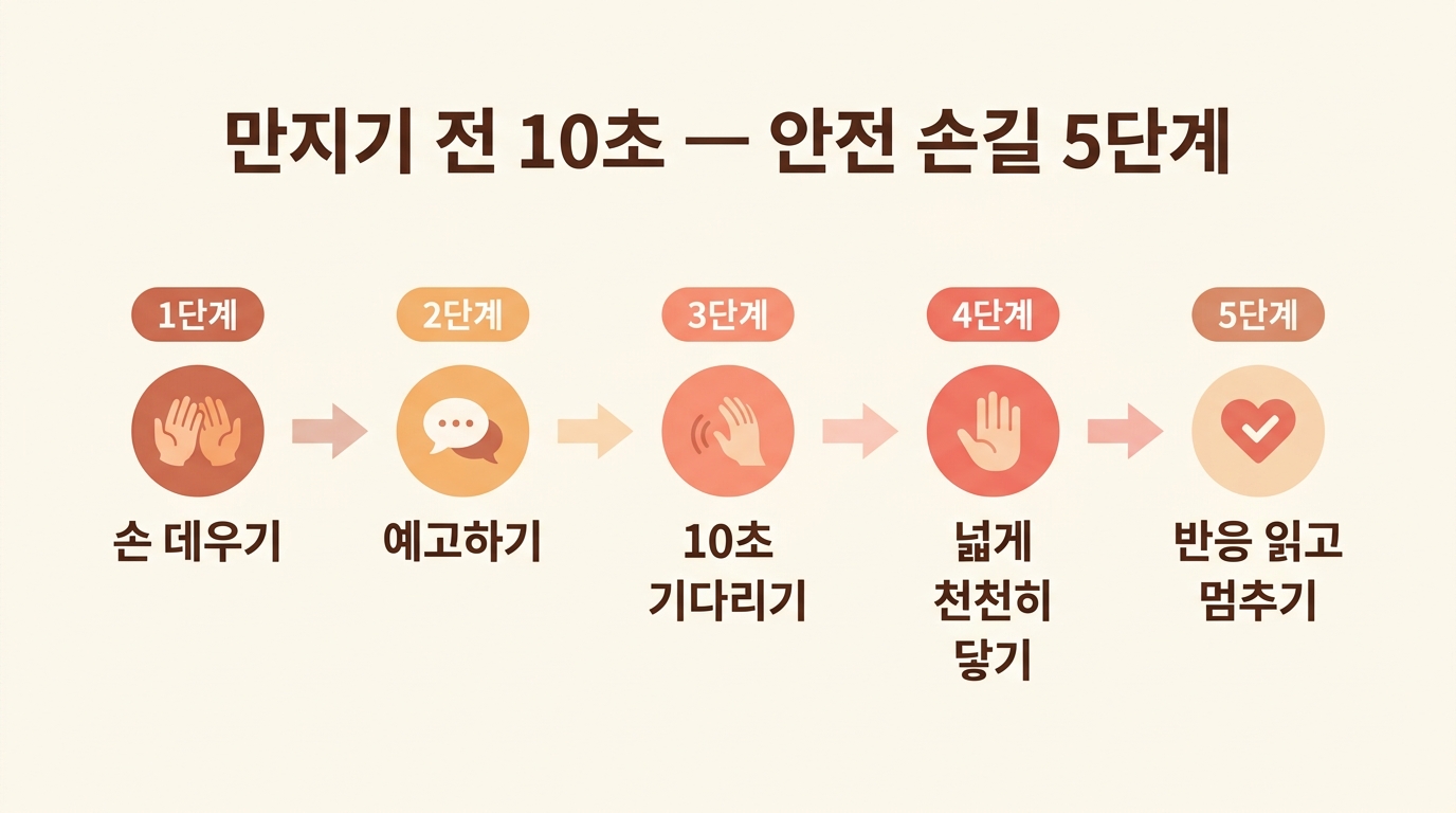 만지기 전 10초 안전 손길 5단계를 손 데우기부터 반응 읽기까지 번호 순서로 보여주는 플로우 차트