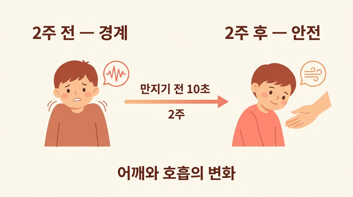 만지기 전 10초 적용 2주 전후로 아이의 어깨와 호흡 반응이 경계에서 안전으로 바뀐 변화를 시각화한 사례 인포그래픽