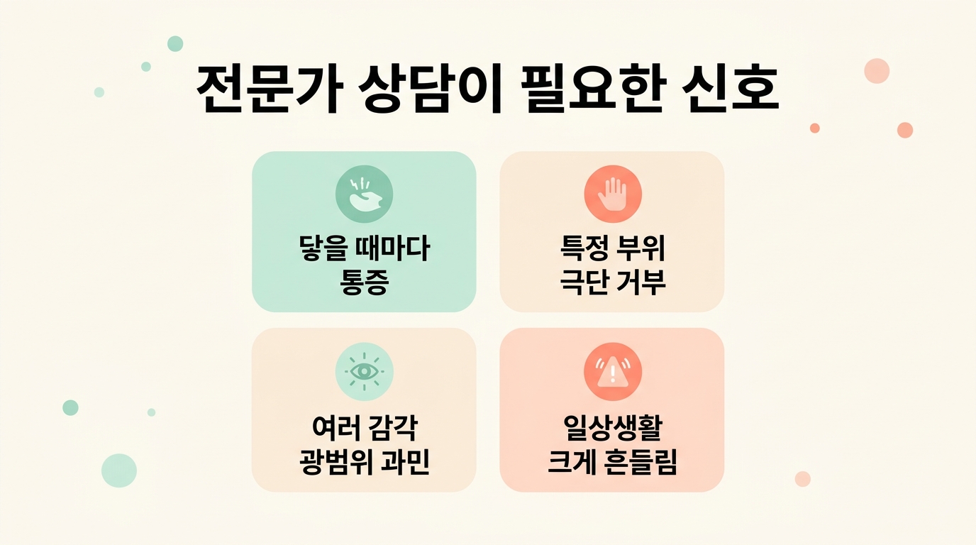 가정 손길 접근을 멈추고 전문가 상담이 필요한 주의 신호 4가지를 정리한 한 컷 요약 인포그래픽