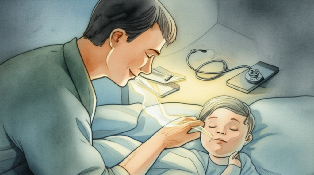 아이의 수면 호흡을 관찰하는 부모 일러스트