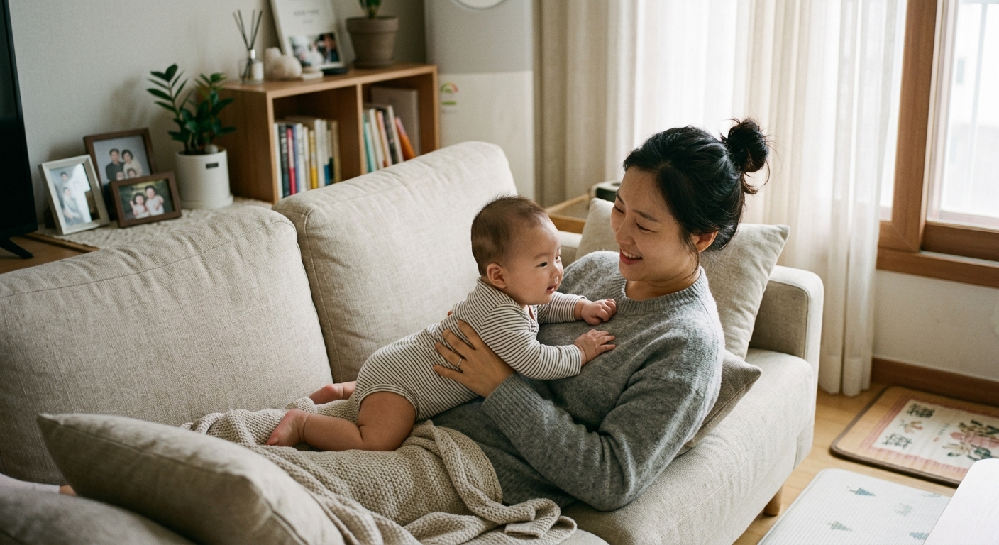 엄마 가슴 위에서 터미타임하는 아기