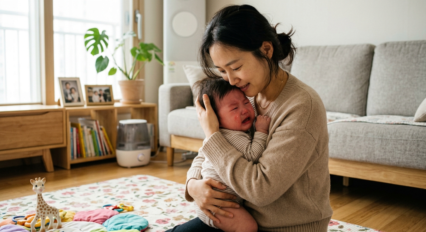 아기를 달래는 한국인 엄마