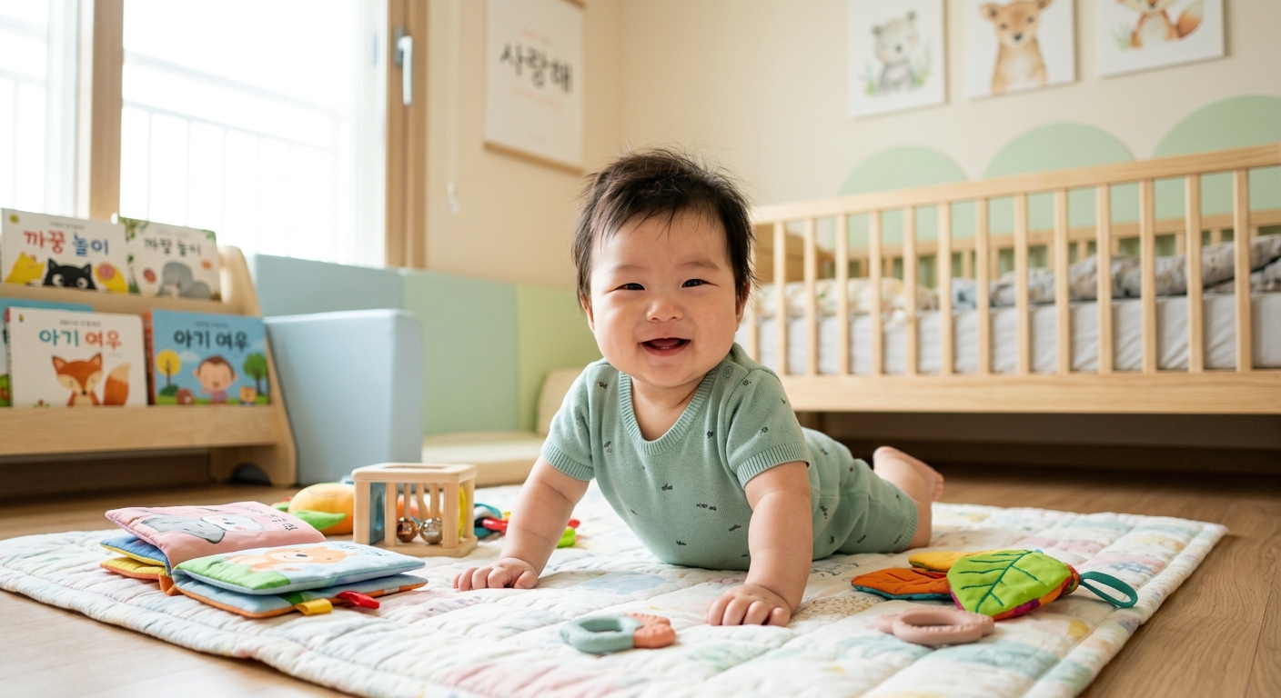 편안하게 터미타임을 하는 아기