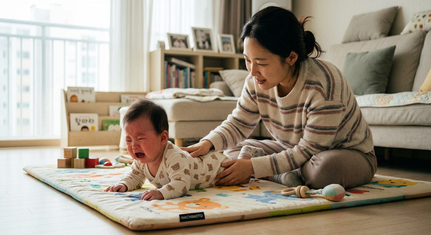 아기가 엎드리면 울어요: 터미타임 거부 아기를 위한 5단계 접근법