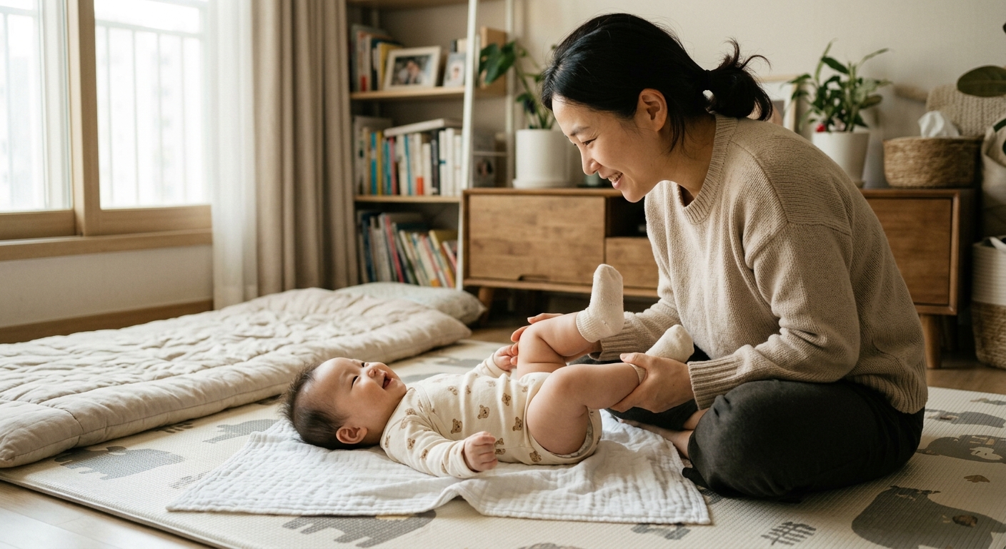 아기와 다리 운동을 하는 부모