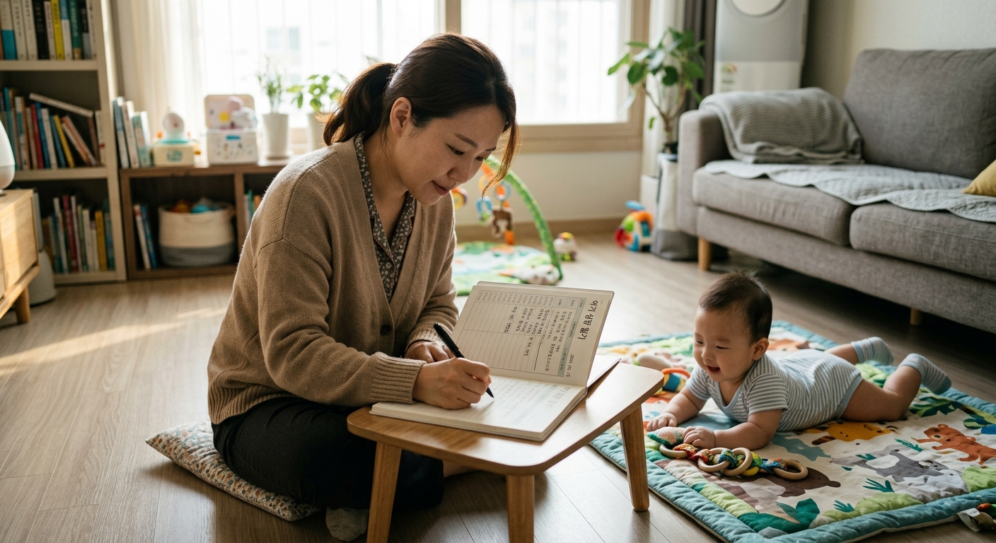 아기 발달 체크리스트를 작성하는 엄마