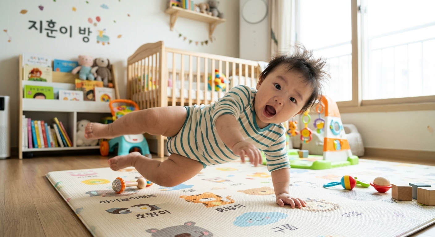 뒤집기를 시도하는 아기