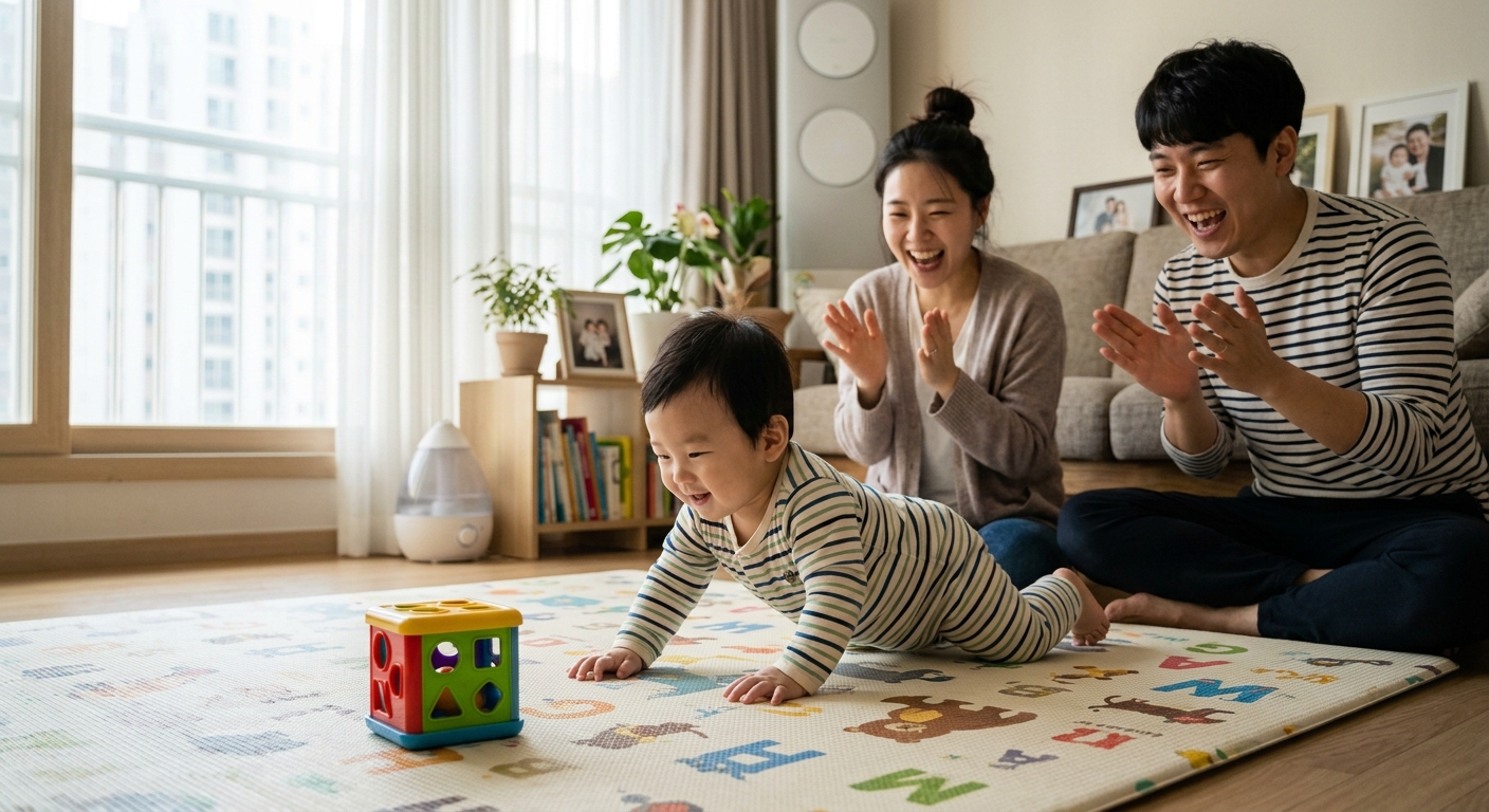 배밀이에 성공한 아기와 기뻐하는 부모