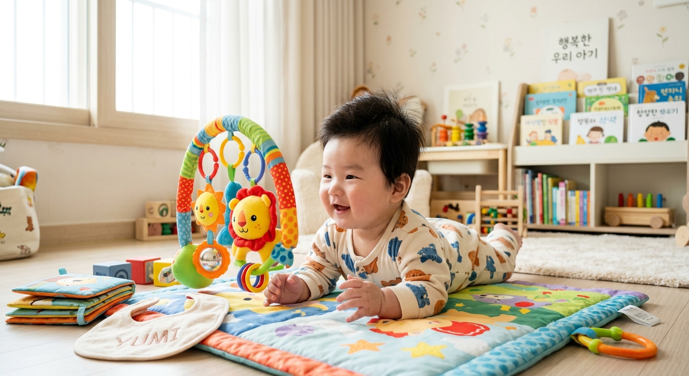 올바른 터미타임 자세를 하는 아기