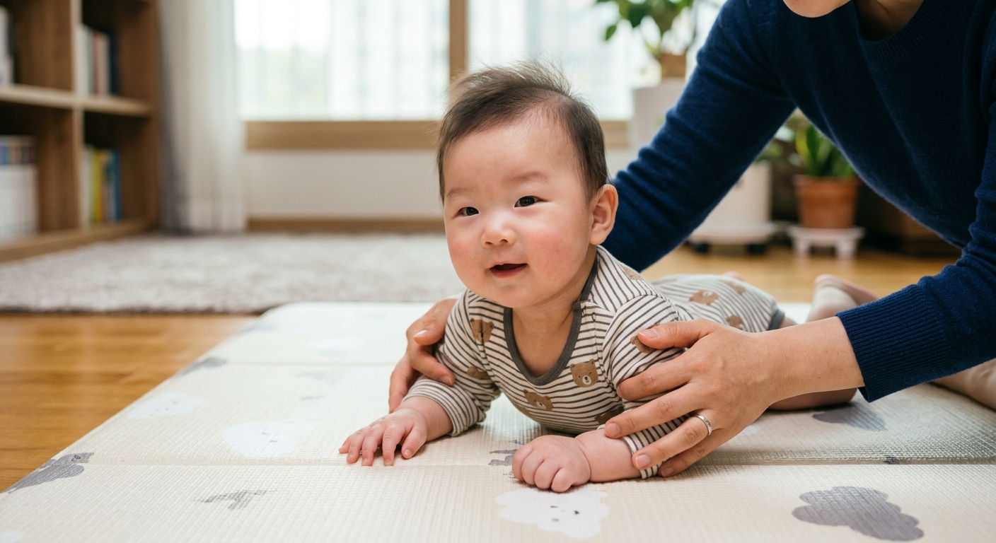 아기의 팔꿈치 지지를 도와주는 부모