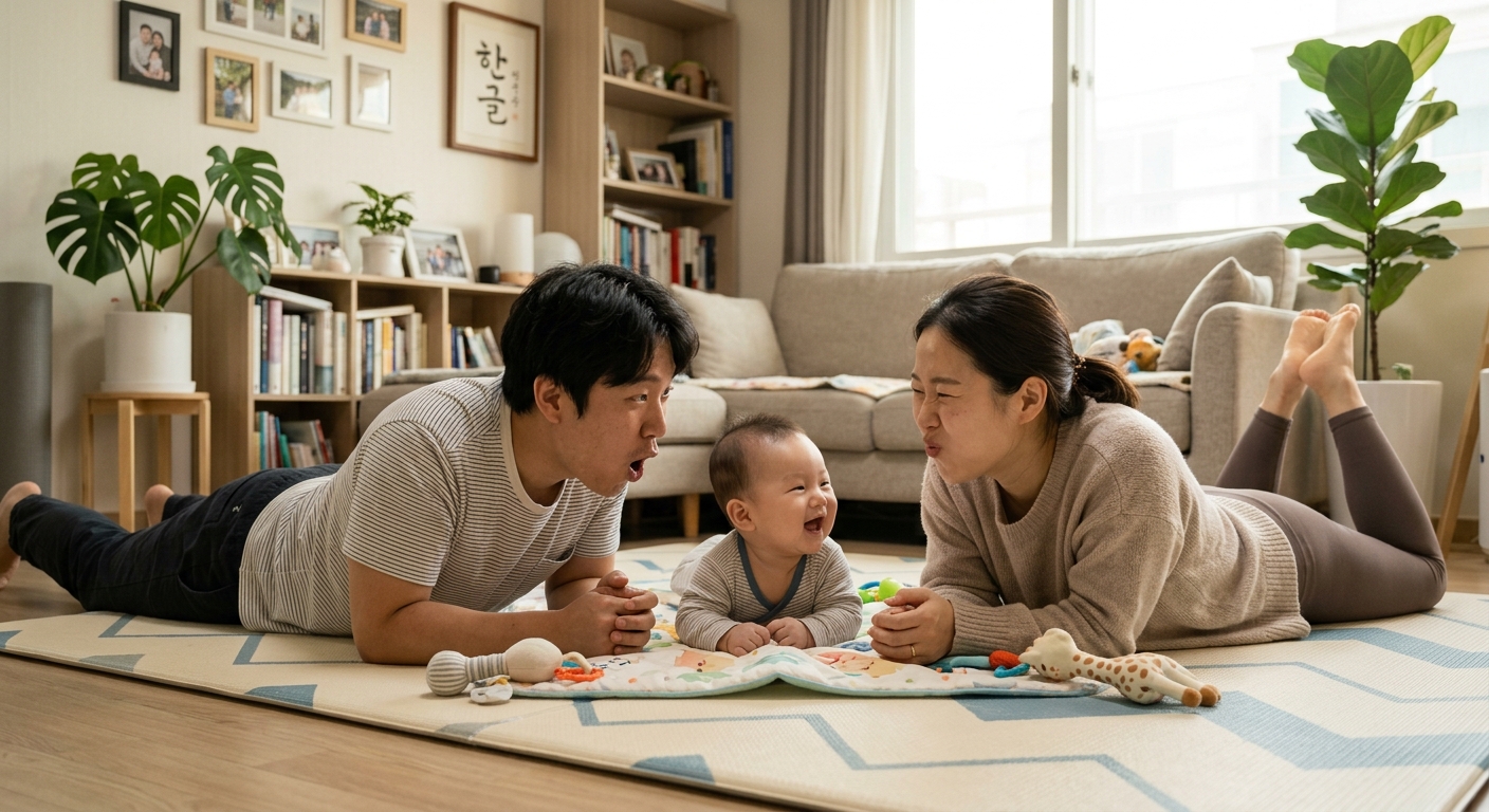 부모와 함께 터미타임을 즐기는 아기