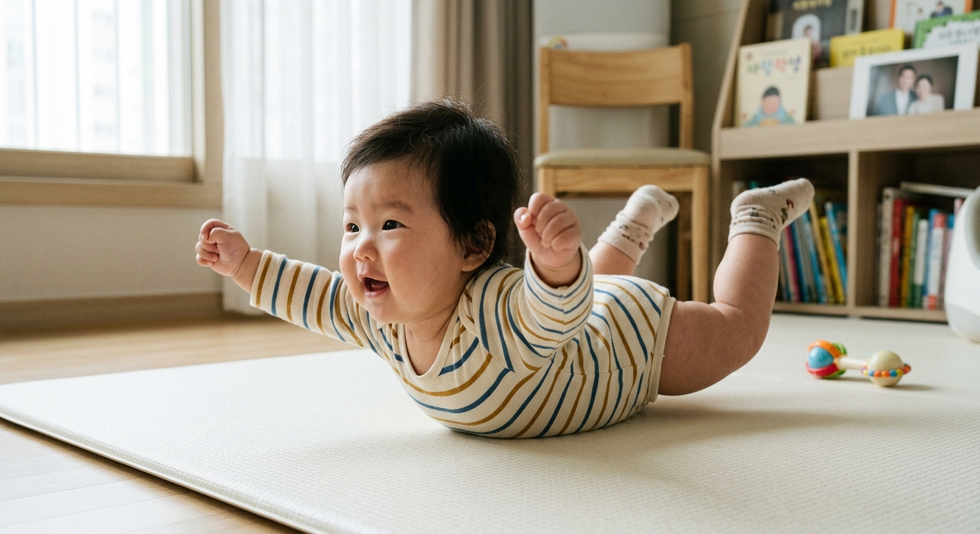 슈퍼맨 자세로 터미타임을 하는 아기