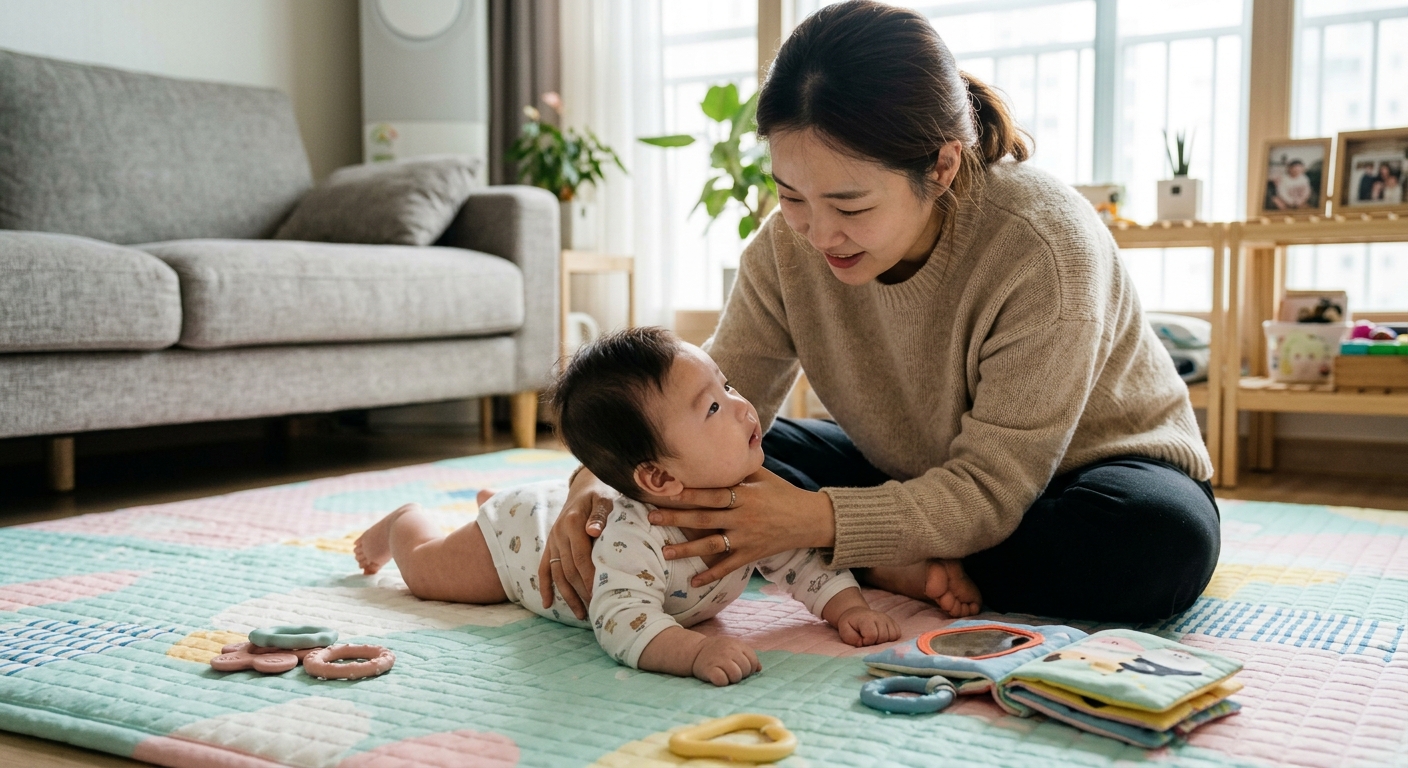 아기의 몸통 비대칭을 교정하는 엄마