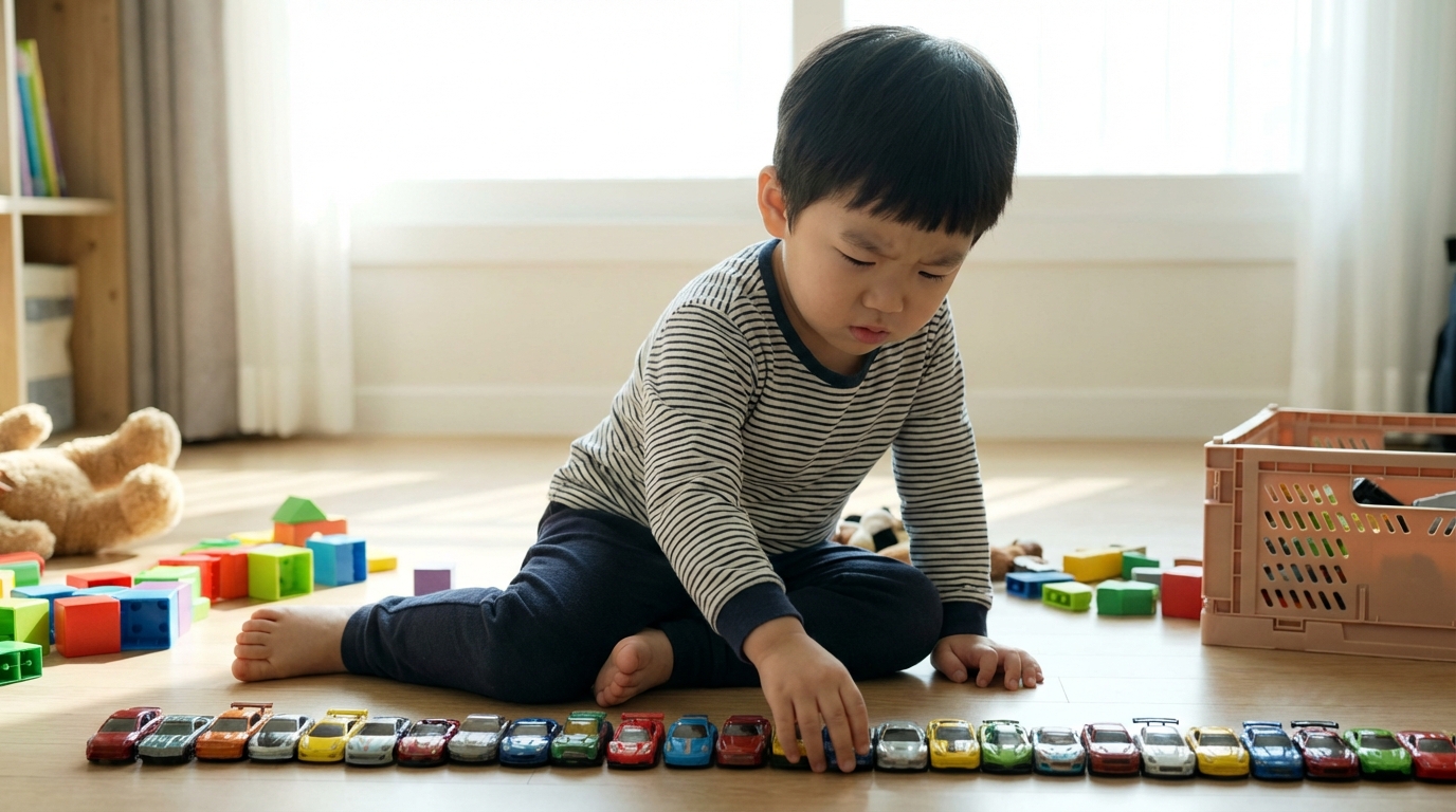 장난감을 줄 세우며 집중하는 아이