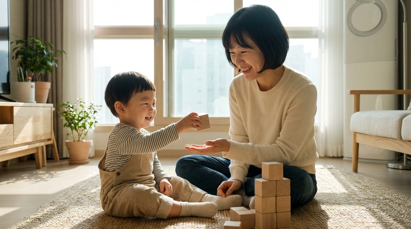 블록 놀이를 하며 소통하는 엄마와 아이