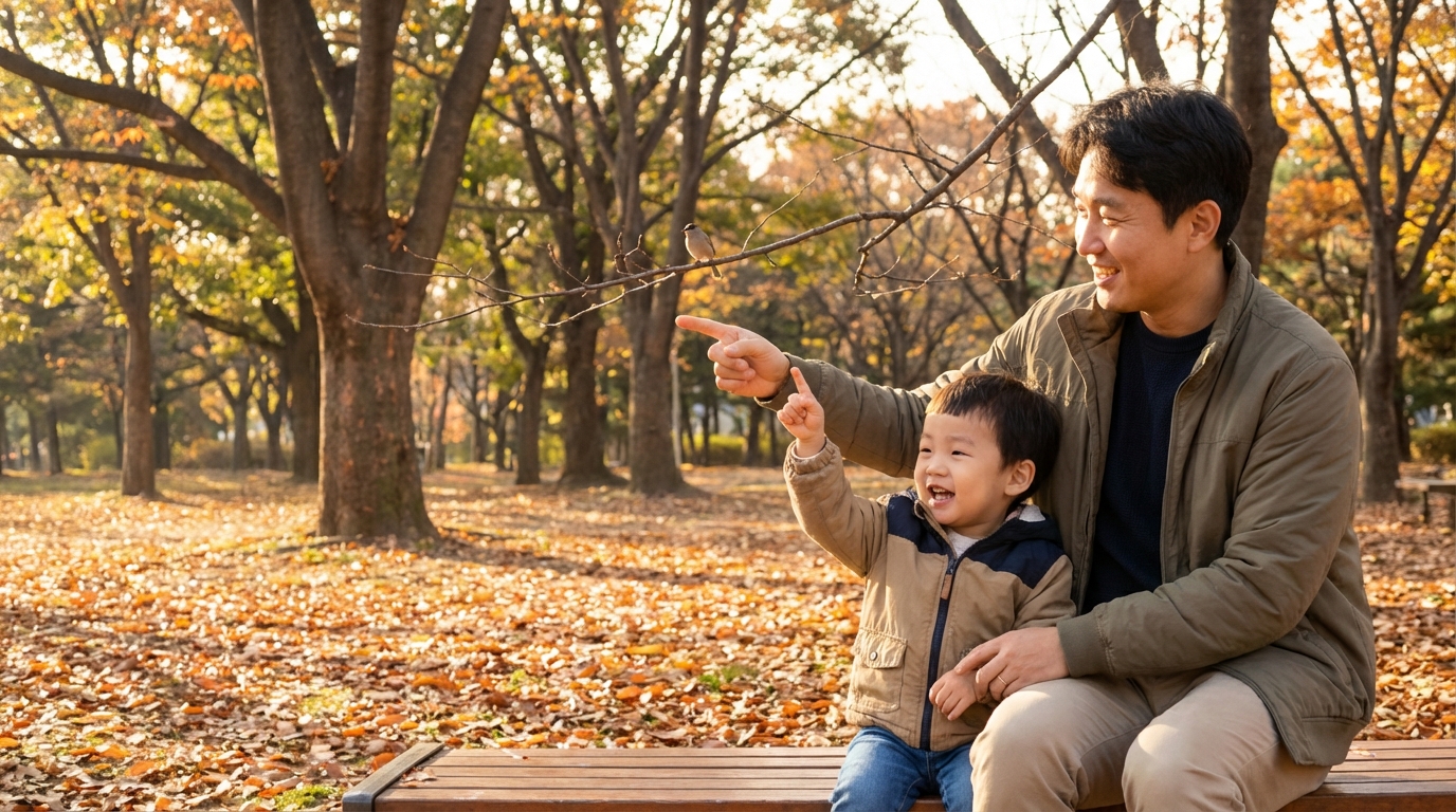아빠와 함께 새를 가리키며 보는 아이