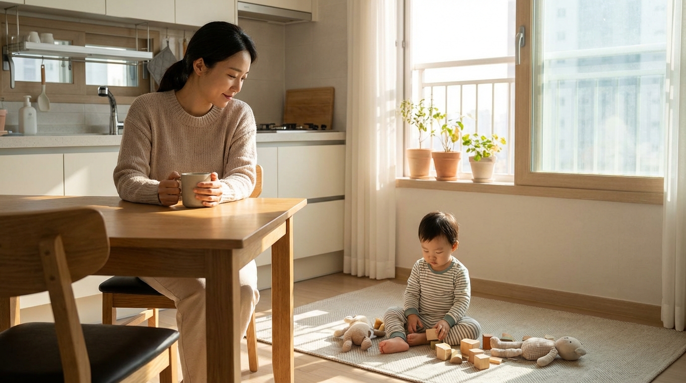 아이를 관찰하며 생각에 잠긴 엄마