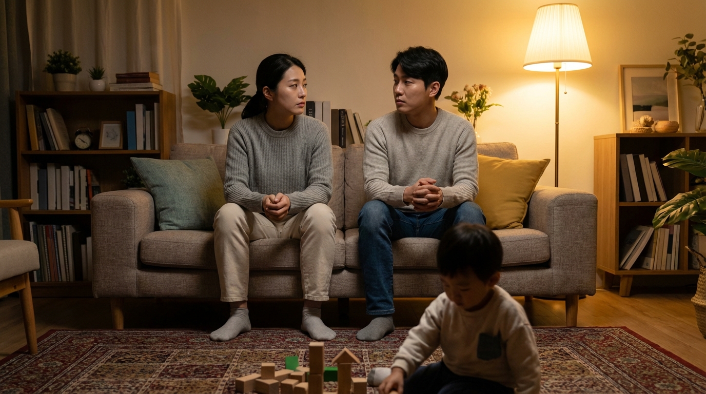 아이를 걱정스럽게 바라보는 부모