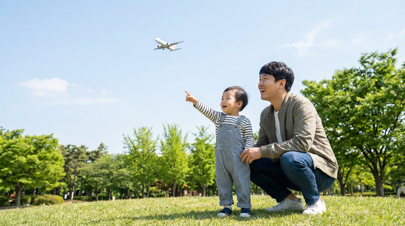 하늘을 가리키며 아빠를 돌아보는 아이