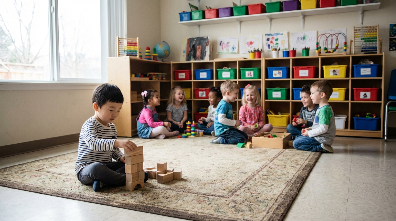 교실에서 혼자 블록을 쌓는 아이