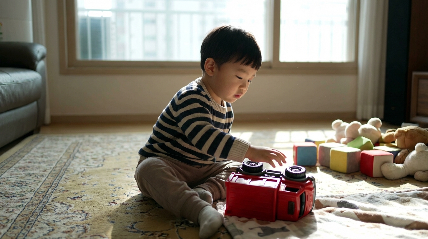 장난감 바퀴를 돌리며 집중하는 아이