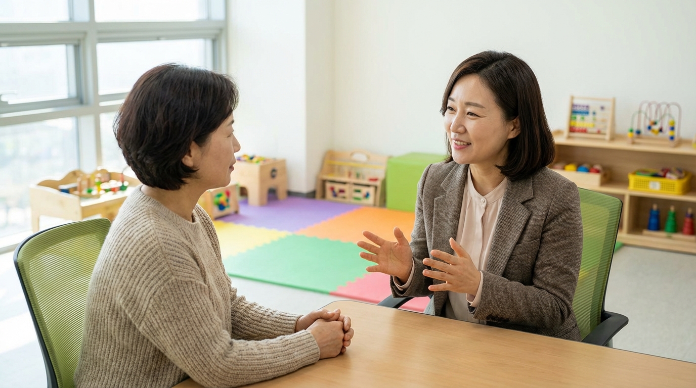 전문가와 상담하는 엄마