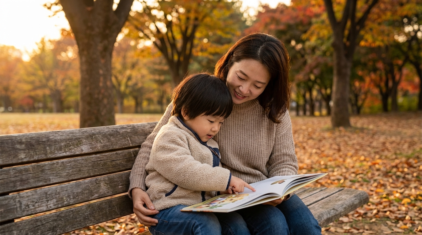 공원에서 함께 그림책을 보는 엄마와 아이