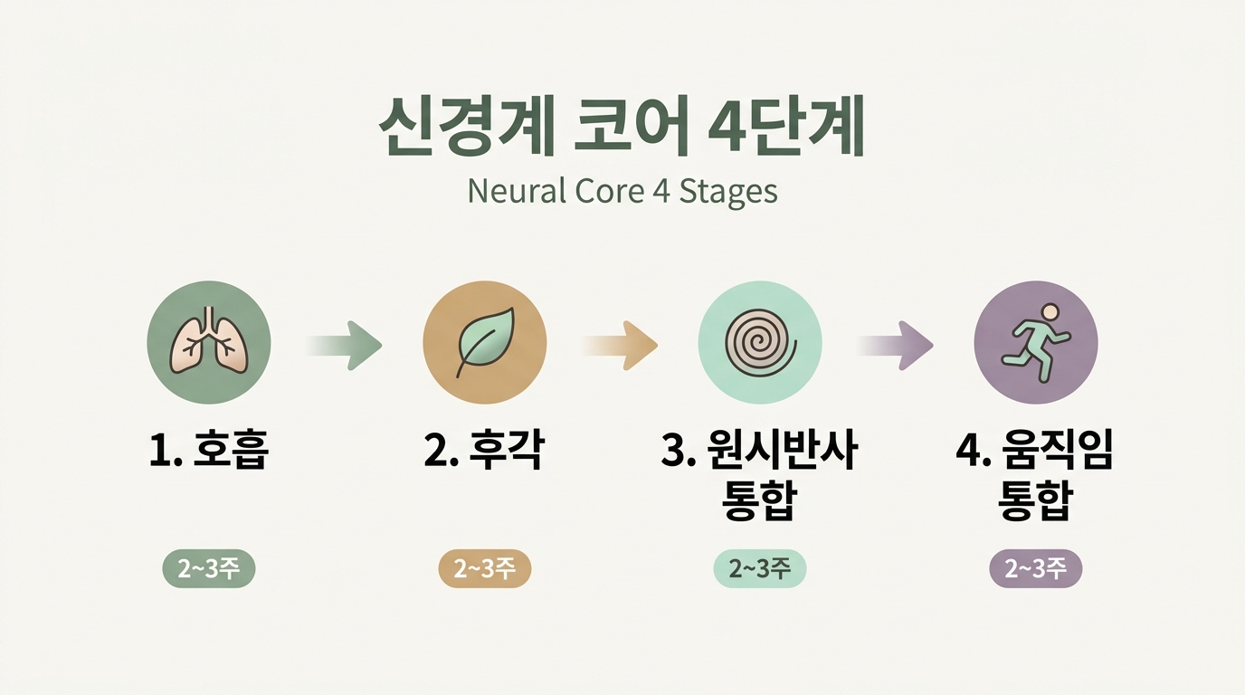 신경계 코어 4단계의 호흡-후각-반사-통합 흐름을 보여주는 다이어그램